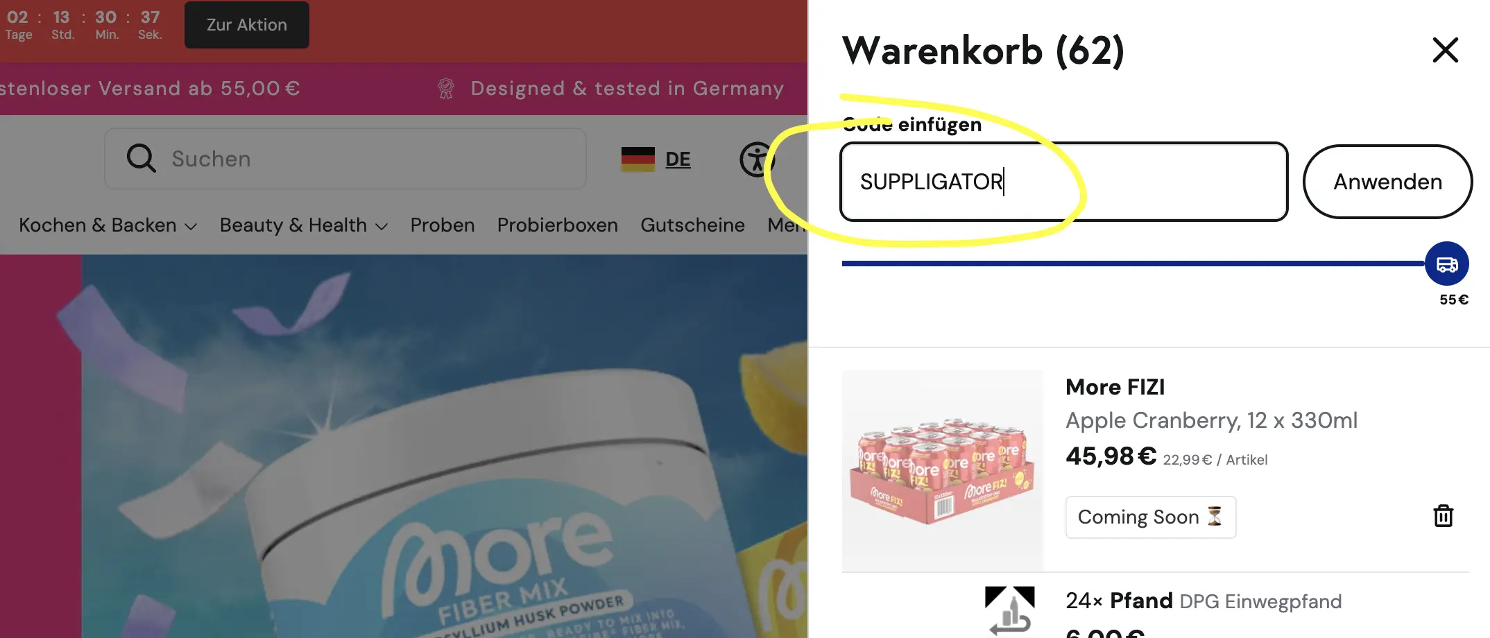 More Nutrition Code SUPPLIGATOR im Warenkorb-Feld „Code einfügen“ eingeben und auf Anwenden klicken